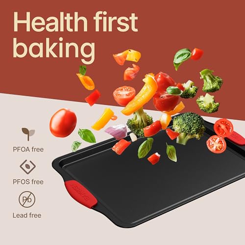 BAKKEN Kitchen Baking Pans - Medium (15.15 × 10.03") and Large (17.1 x 11.8") Nonstick Sheets, Carbon Steel Cookie Sheets with Red Silicone Handles, PFOA, PFOS, PTFE Free, Oven Safe (450°F), Set of 2