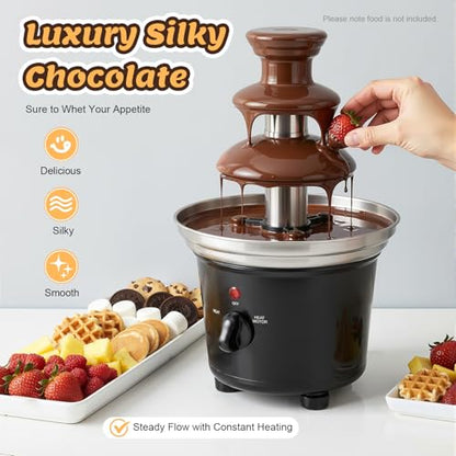 Chocolate Fountain Machine For Parties –3 Tier Electric Stainless Steel Fondue Fountain With A Tray And 6 Forks, 1-Pound Capacity For Chocolate, Candy, Butter & Cheese, Heated Bowl & Dual Controls