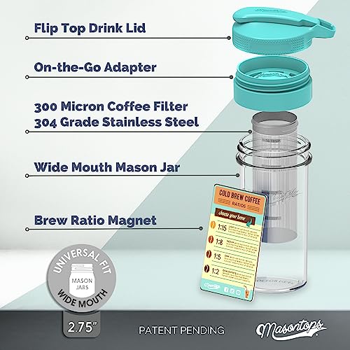 Masontops Cold Brew Makers Kit - Deluxe Iced Coffee Maker with Glass Pitcher & Stainless Steel Mesh Filter - Easy Pour Fridge Cold Brewer System