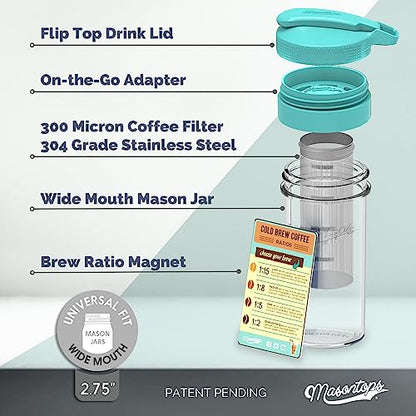 Masontops Cold Brew Makers Kit - Deluxe Iced Coffee Maker with Glass Pitcher & Stainless Steel Mesh Filter - Easy Pour Fridge Cold Brewer System
