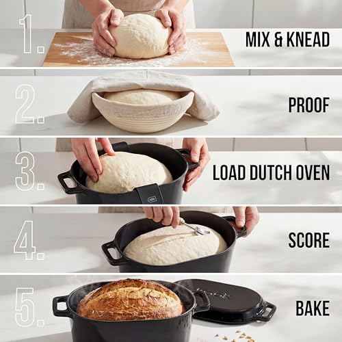 KooK Dutch Oven, for Bread Baking, Sourdough Loaf Pan, with Lid, Dual Handles, Enameled Cast Iron, includes Lid Lever, Dishwasher Safe, Oven safe 500F, 3.4 Qt, Black