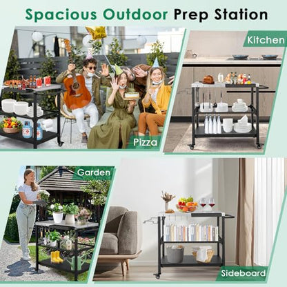 Tyfnry Outdoor Grill Cart,36 Inch Stainless Steel Pizza Oven Table with Lockable Wheels, Hooks & Adjustable Mesh, Metal Kitchen Cart Island, Black(36.2'' D x 19.6''W x 31.4''H)