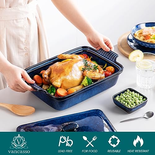 vancasso Starry Casserole Dish With Lid, 3.8 Quart Casserole Dish for Oven, 9x13 Baking Pan with Handles, Large Casserole Baking Dish Lasagna Pan with Lid, Microwave, Dishwasher Safe, Blue
