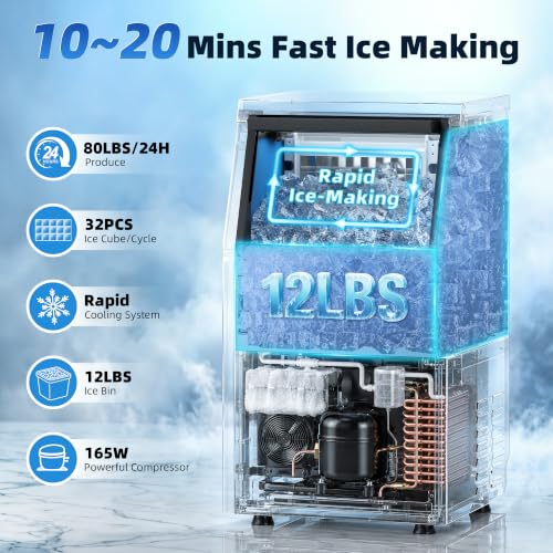 GSEICE Commercial Ice Maker Machine (80lbs/24H with 12lbs Ice Storage)