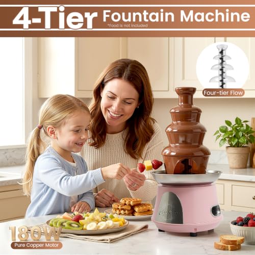 Chocolate Fountain, 4 Tier 110V Electric Chocolate Fondue Fountain Machine for Nacho Cheese, Chocolate Sauce, Wedding, Party (Pink)