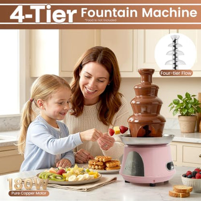 Chocolate Fountain, 4 Tier 110V Electric Chocolate Fondue Fountain Machine for Nacho Cheese, Chocolate Sauce, Wedding, Party (Pink)