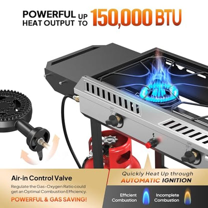 Bonnlo 2 Burner Propane Gas Burner with Auto Ignition, 150000 BTU Camping Stove with Storage Shelf and Rolling Wheels, Portable Outdoor Cooker for Patio Backyard Cooking Frying Boiling and Stewing