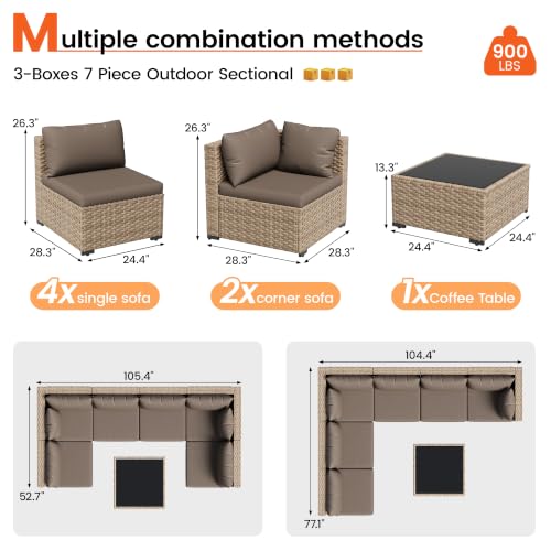 VONZOY Patio Furniture Set, 7-Piece Outdoor Wicker Sectional Sofa, Brown