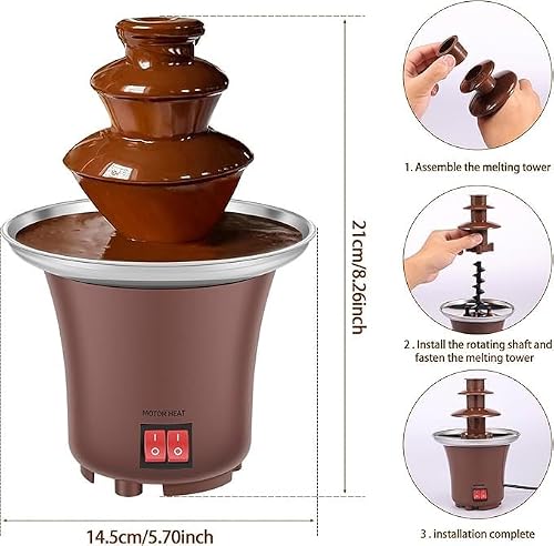 3 Tier Chocolate Fountain Fondue Party Fountain with 10oz Capacity Stainless Steel Mini Chocolate Melter for Cheese, Queso, Candy, Dip Strawberries, Wedges, Vegetables, And More for Parties Wedding