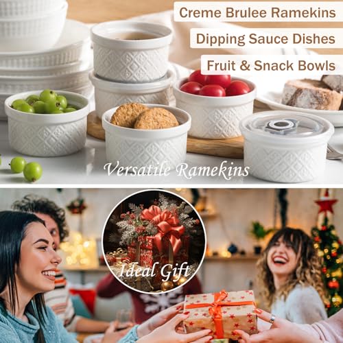 MISSYSSIM 9 oz Ramekins with Lids, Creme Brulee Ramekins Oven Safe, Small Ceramic Serving Bowls, White Custard Cups for Baking, Dipping Sauce Cups, Pinch Bowls Ideal for Birthday Party, Set of 4