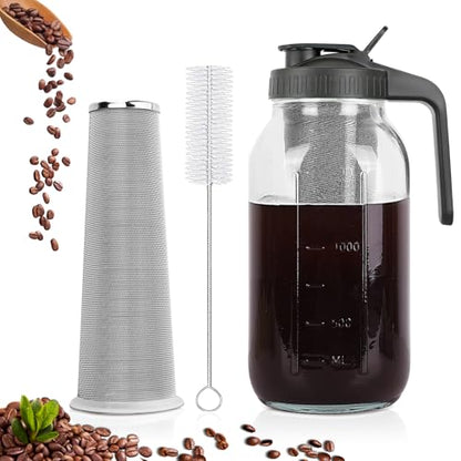 Cold Brew Coffee Maker,64 oz Mason Jar Pitcher with Stainless Steel Filter, Pour Spout Handle Lid, Heavy Duty Glass Airtight & Leak-Proof for Iced Coffee,Tea & Lemonade