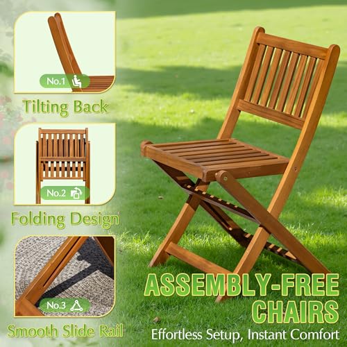 Greesum 5 Piece Patio Dining Set Outdoor Acacia Wood Furniture All-Weather Folding Round Table and Chairs for Backyard, Balcony, Porch, Deck, Garden, Light Brown