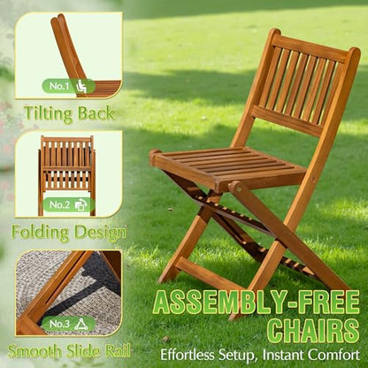 Greesum 5 Piece Patio Dining Set Outdoor Acacia Wood Furniture All-Weather Folding Round Table and Chairs for Backyard, Balcony, Porch, Deck, Garden, Light Brown