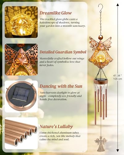 Supdeco Solar Angel Wind Chimes for Outside: Melodious Mother's Day Birthday Gifts for Mom Women Grandma Her Wife - Weatherproof Metal Outdoor Decor Easy Hanging for Garden Patio Tree Window Memorial