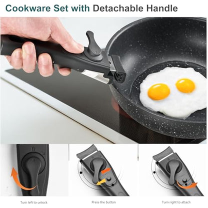 NEWBULIG 12-Piece Nonstick Kitchen Cookware Set, Pots and Pans with Detachable Handle, Induction Compatible, Dishwasher & Oven Safe, Space-Saving, Black