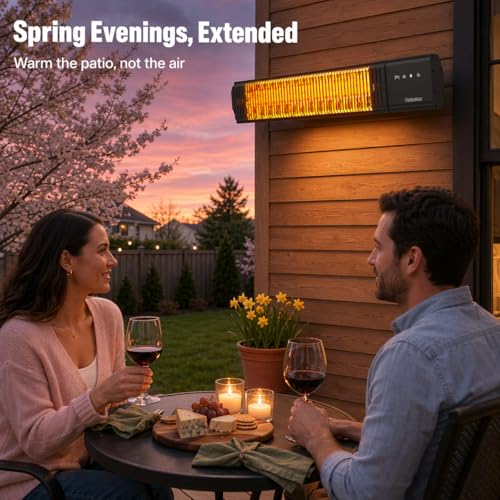 Powerscale 1500W Electric Patio Heater, IP65 Waterproof, Remote, Fast Heating, 4 Heat Levels, 24H Timer & Memory Function, Wall Mounted Indoor/Outdoor Heater for Patio, Garage, Backyard, Black
