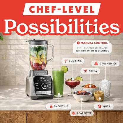 Gourmia Countertop Blender – 8 Blend Programs, 4 Speeds, Pulse and Manual Mode, 56oz Pitcher, Digital Display with Integrated Timer, Round-Plated Tamper, Dishwasher-Safe Parts