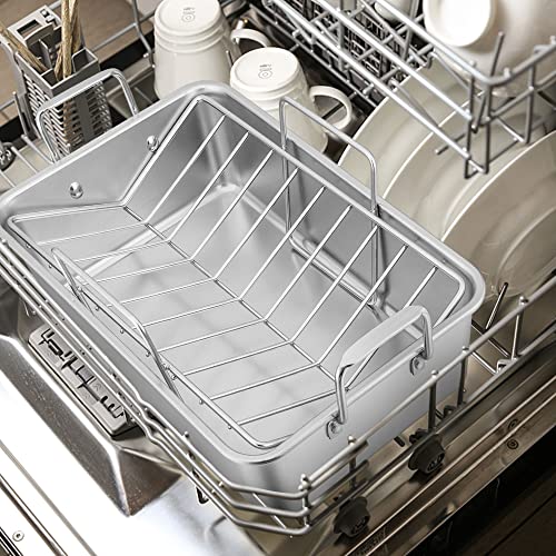 Leonyo Large Turkey Roasting Pan with V-shaped Rack, Rectangular 16 x 11.5 Inch Stainless Steel Turkey Roaster Pan with Rack Heavy Duty for Chicken Lasagna Vegetables Brownie, Dishwasher Safe, 2Pcs
