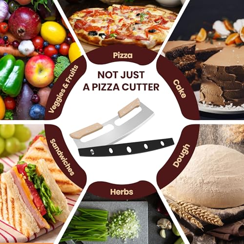 Gicyiit Pizza Cutter Rocker Blade with Wooden Handle, Premium 14inch Pizza Knife Rocker Cutter with Sharp Stainless Steel Blade and Protective Cover, Slicing Through Crust in One Single Rocking Motion