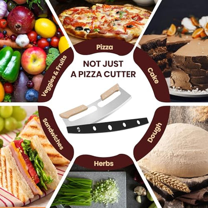 Gicyiit Pizza Cutter Rocker Blade with Wooden Handle, Premium 14inch Pizza Knife Rocker Cutter with Sharp Stainless Steel Blade and Protective Cover, Slicing Through Crust in One Single Rocking Motion