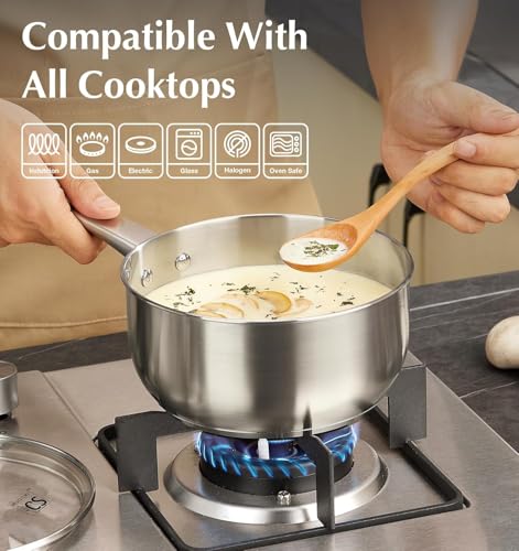 KOCH SYSTEME CS Stainless Steel Saucepan 1 Quart, 18/10 Stainless Steel Saucepan with Lid, Premium Steel Sauce Pan, Indutcion Sauce Pan with Lid, Small Cooking Pot, Oven Safe