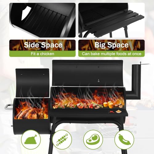 BLKMTY 43" Charcoal Grills Outdoor BBQ Grill with Offset Smoker Camping Portable Grill Camping Barbecue Grills with Side Fire Box for 6-10 People Patio Backyard Picnic BBQ, Black