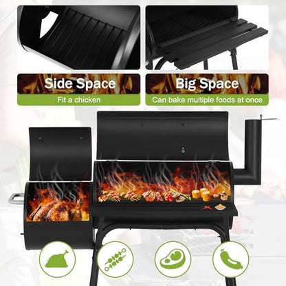 BLKMTY 43" Charcoal Grills Outdoor BBQ Grill with Offset Smoker Camping Portable Grill Camping Barbecue Grills with Side Fire Box for 6-10 People Patio Backyard Picnic BBQ, Black