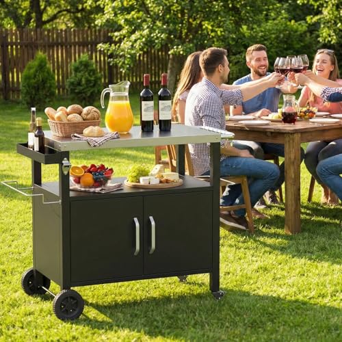 LIFERUN Outdoor Grill Cart with Stainless Steel Top, XL Outdoor Kitchen Island with Storage Cabinet, Prep Station with 2 Lockable Wheels and 4 Hooks for BBQ Food Prep & Outside Dining, 23" x 41"