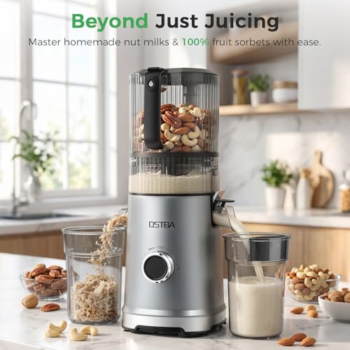 3-in-1 Cold Press Juicer, OSTBA 600W Slow Masticating Juicer with 6" Extra Large Feed Chute for Whole Fruits & Vegetables, Juicer, Nut Milk Maker & Sorbet Machine, Easy to Clean