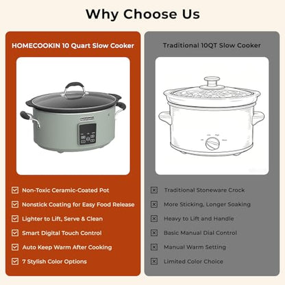 HOMECOOKIN Slow Cooker, Extra Large 10 Quarts Digital Slow Cookers with Timer, Dishwasher Safe Glass Lid & Crock, Kitchen Appliance for Families & Gatherings, Olive