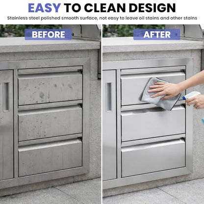 28"×19.7"×22" Outdoor Kitchen Cabinets, 304 Stainless Steel Cabinet, No Assembly Flush Mount Outdoor Kitchen Drawers Combo with Silent Triple Drawers & Access Door for BBQ Island Indoor Kitchen