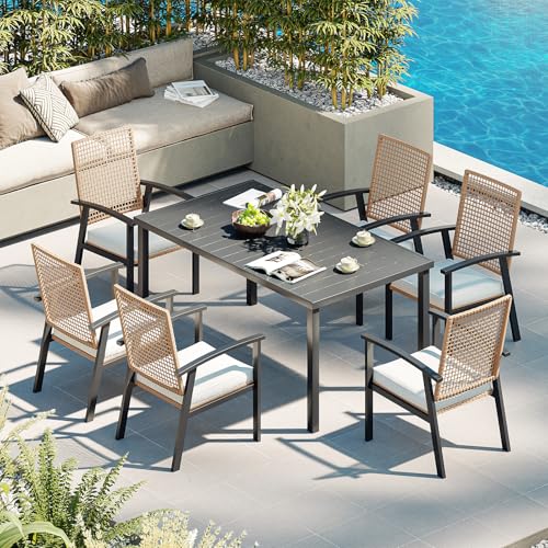 Aoxun 7-Piece Wicker Patio Table and Chairs Set for 6 with Umbrella Hole