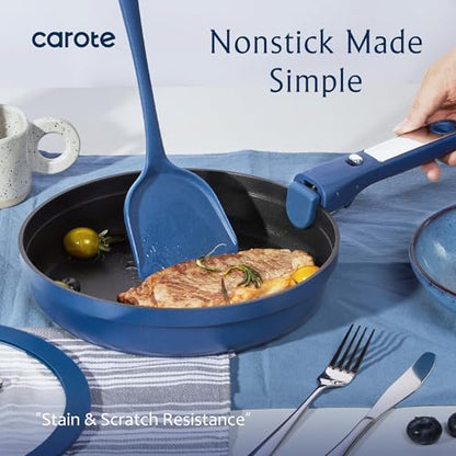 CAROTE 10-Piece Pots and Pans Set, Nonstick Cookware Set Detachable Handle, Frying Pan with Splatter Screen, Oven Safe, Induction Ready, Stackable, Blue