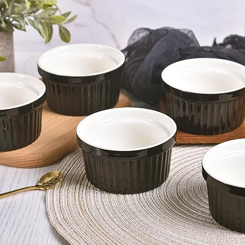 homEdge Porcelain Ramekins Set with Lid, 240 ml / 8 Fl Ounces Ice Cream Bowl, Creme Brûlée Ramekins Soufflé Cup for Baking, Set of 6 Black
