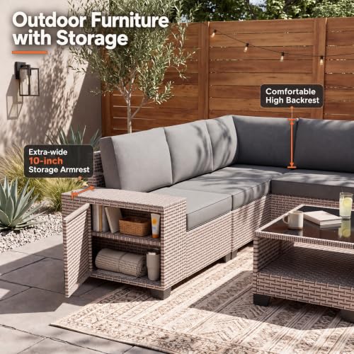 Aukreolis 10 Pieces Patio Furniture Set with Fire Pit Table, Outdoor Sectional Wicker Sofa with Thick Cushions, High Back Swivel Rocker Patio Chairs, Rattan Conversation Set with Coffee Table, Grey