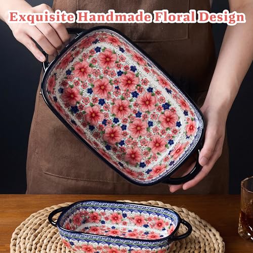 TAUFIKT Ceramic Casserole Dishes for Oven, Hand-painted Polish Pottery Baking Dish Set of 2, 0.8QT / 2QT Porcelain Casserole Dishes with Handles, Baking Pan Lasagna Pan, Gift for Family/Friend (Red)