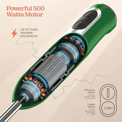 Powerful Immersion Blender, Electric Hand Blender 500 Watt with Turbo Mode, Detachable Base. Handheld Kitchen Blender Stick for Soup, Smoothie, Puree, Baby Food, 304 Stainless Steel Blades (Green)