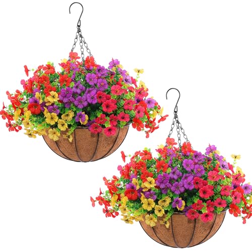 Hananona 2 Set Artificial Outdoor Flowers with Hanging Basket, 2 Hanging Planters with 24 Pcs Flowers for Spring Summer Front Porch Garden Patio Home Decor (2, Red, Purple, Yellow, Rose Red)