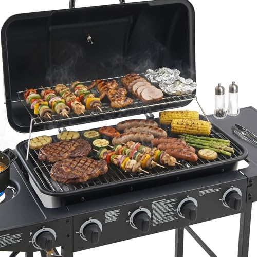 4 Burner Gas Grills, Outdoor Cooking Propane Gas Grills with Side Burner 24000 BTU, BBQ Propane Gas Grill with Enameled Grates & Side Tables for Kitchen Patio Backyard (4 Burner)