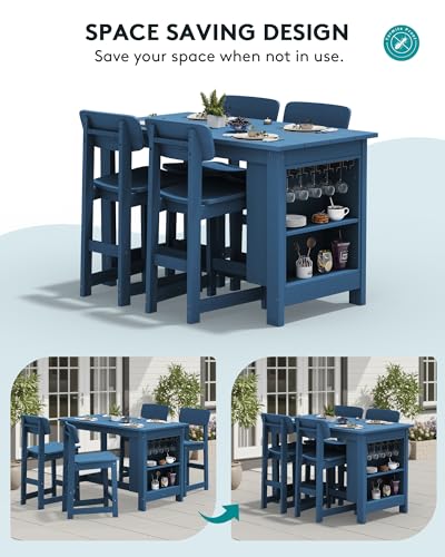 SERWALL Outdoor Bar Table and Chairs Set, 5-Piece HDPE Counter Height Patio Dining Sets with Storage and Wine Rack, Rectangular High Top Bar Table with 4 Bar Stools for Garden, Backyard, Blue