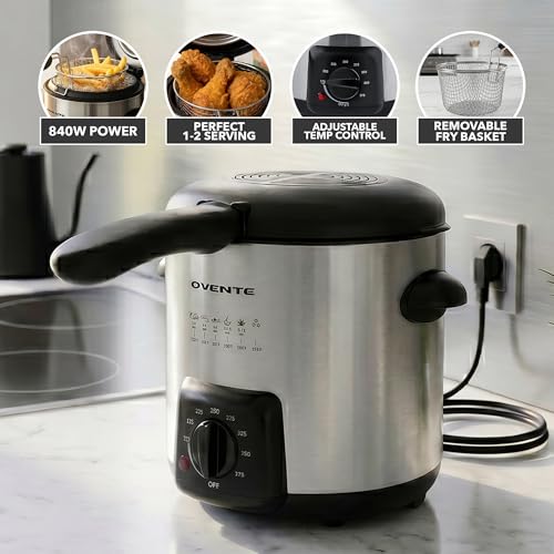 OVENTE Electric Deep Fryer 0.9L Capacity with Locking Lid, Adjustable Temperature Knob, Removable Frying Basket and Cool Touch Handle, 840W Power, Easy to Clean Stainless Steel Body, Silver FDM1091BR
