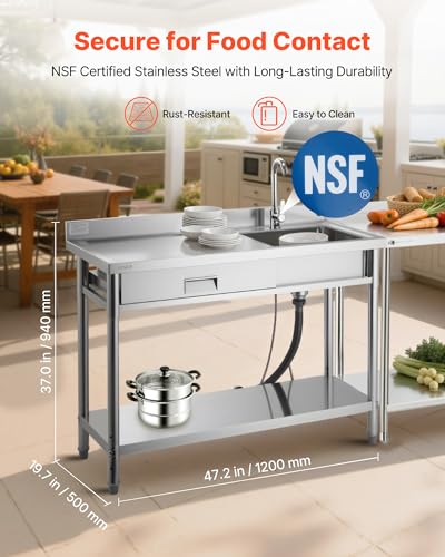 VEVOR Stainless Steel Utility Sink, Rolling Single Bowl Commercial Kitchen Sink with Drawer, Faucet and Hot & Cold Water Pipe, Utility Basin for Garage, Restaurant, Laundry, 47.2 x 19.7 x 37 in