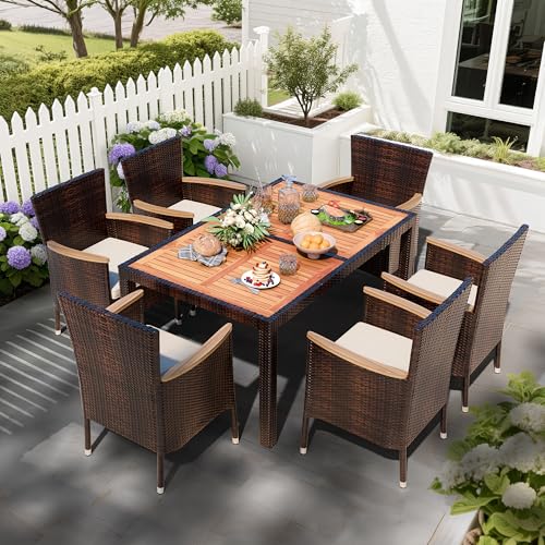 Shintenchi 7 PCS Wicker Patio Dining Set, Brown Rattan