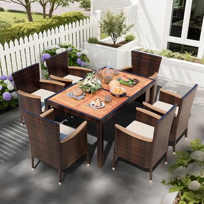 Shintenchi 7 PCS Wicker Patio Dining Set, Brown Rattan