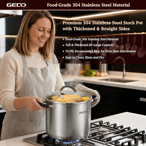 GEDO Food-Grade 304 Stainless Steel Stock Pot, Thickened Cooking Pot with Tempered Glass Lid, Heat-Resistant Handles, Fits All Stovetops for Soup Stew Canning, Dishwasher Safe (10, Quarts)