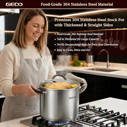 GEDO Food-Grade 304 Stainless Steel Stock Pot, Thickened Cooking Pot with Tempered Glass Lid, Heat-Resistant Handles, Fits All Stovetops for Soup Stew Canning, Dishwasher Safe (10, Quarts)