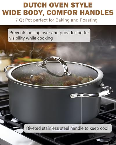 Cooks Standard Stock Pot Dutch Oven Casserole with Glass Lid, 7-Quart Classic Hard Anodized Nonstick Stockpot, Black