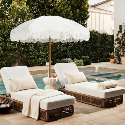 AMMSUN Boho Fringe Umbrella Outdoor Patio, 6.5ft UPF50+ Picnic Umbrella with Tassels with Steel Pole and Push Button Tilt, Antique White