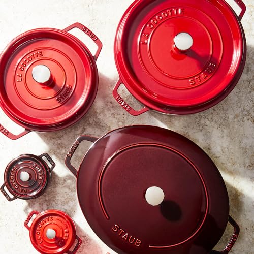 Staub Cast Iron Round Cocotte, Dutch Oven, 4-quart, serves 3-4, Made in France, Cherry