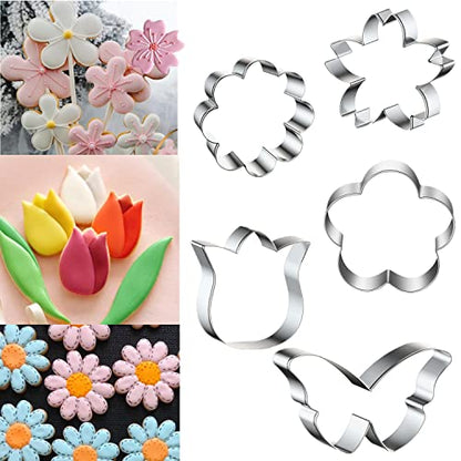 Q-BAKER Spring Summer Flowers Cookie Cutters - Rose, Sunflower, Tulip, Daisy Flower, Butterfly, Stainless Steel Holiday Cookie Cutter Shapes for Baking Gift